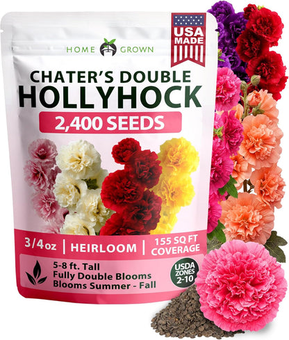 HOME GROWN Hollyhock Chaters Double Mix 2,400 Seeds – Holly Hocks Seeds for Planting Spring 2026, Double Flower Hollyhock Seeds, Flower Seeds Perennial Outdoor Garden (Alcea rosea)