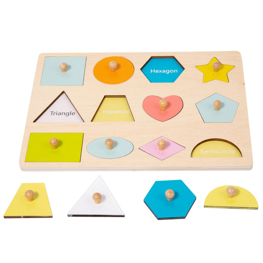 Adena Montessori Wooden Shape Peg Puzzle - 12 Multi-colored Knob Shapes for Baby & Toddler Development Toy