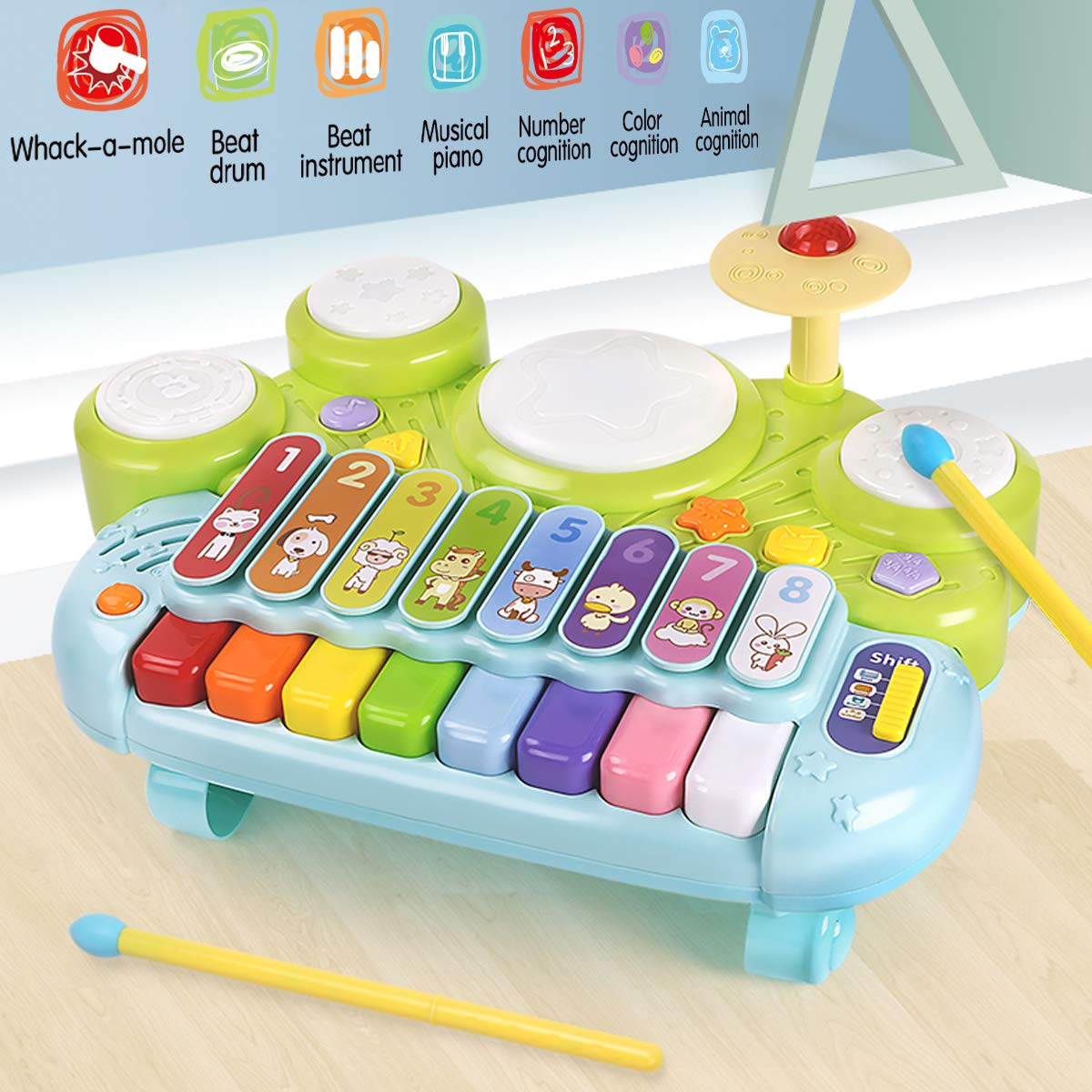 Fisca 3 in 1 Musical Instruments Toys Set - Electronic Piano, Xylophone & Drum - Multicolor Learning Toys for Baby & Toddler 1-3 Years