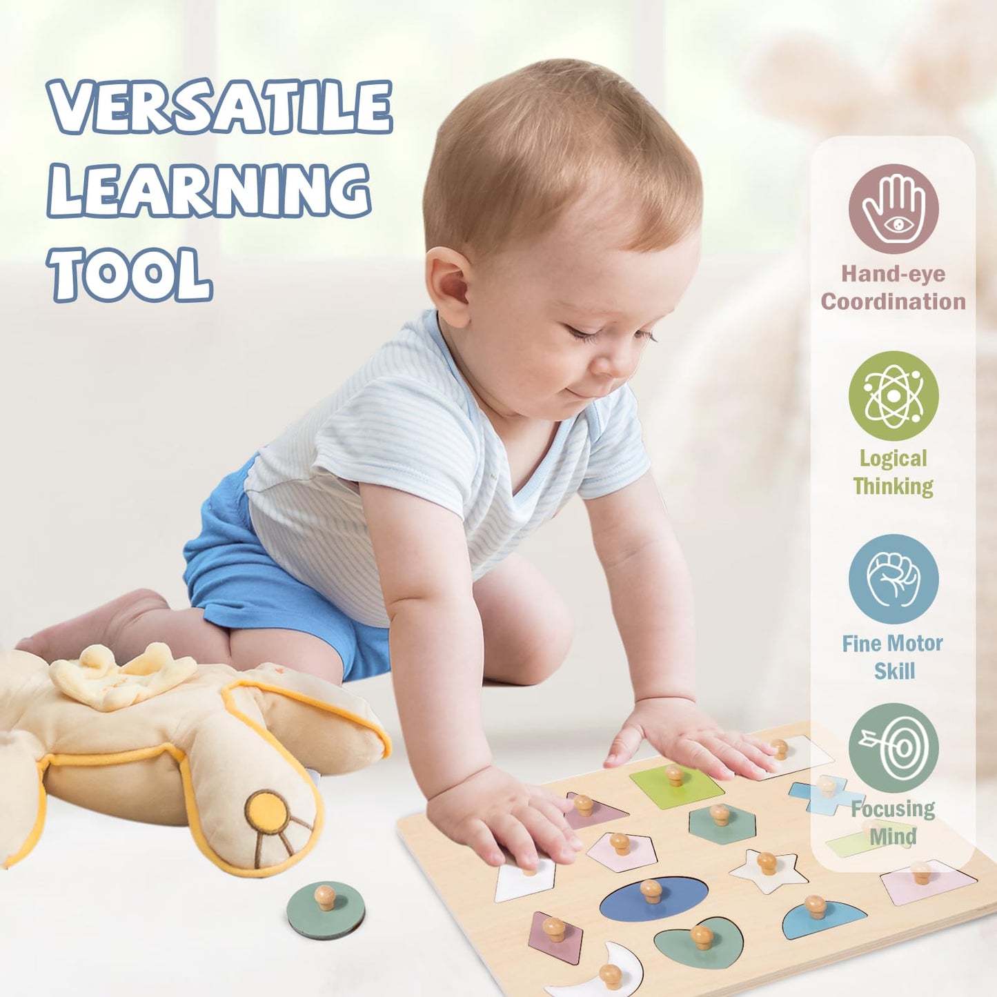 Adena Montessori Wooden Shape Peg 16 Piece Puzzle For Toddlers 2-4,Montessori Colorful Shapes Sorter Board,Geometric Color Matching Toys For Girls Boys 18-24 Months,Baby & Toddler Eearly Learning Gift